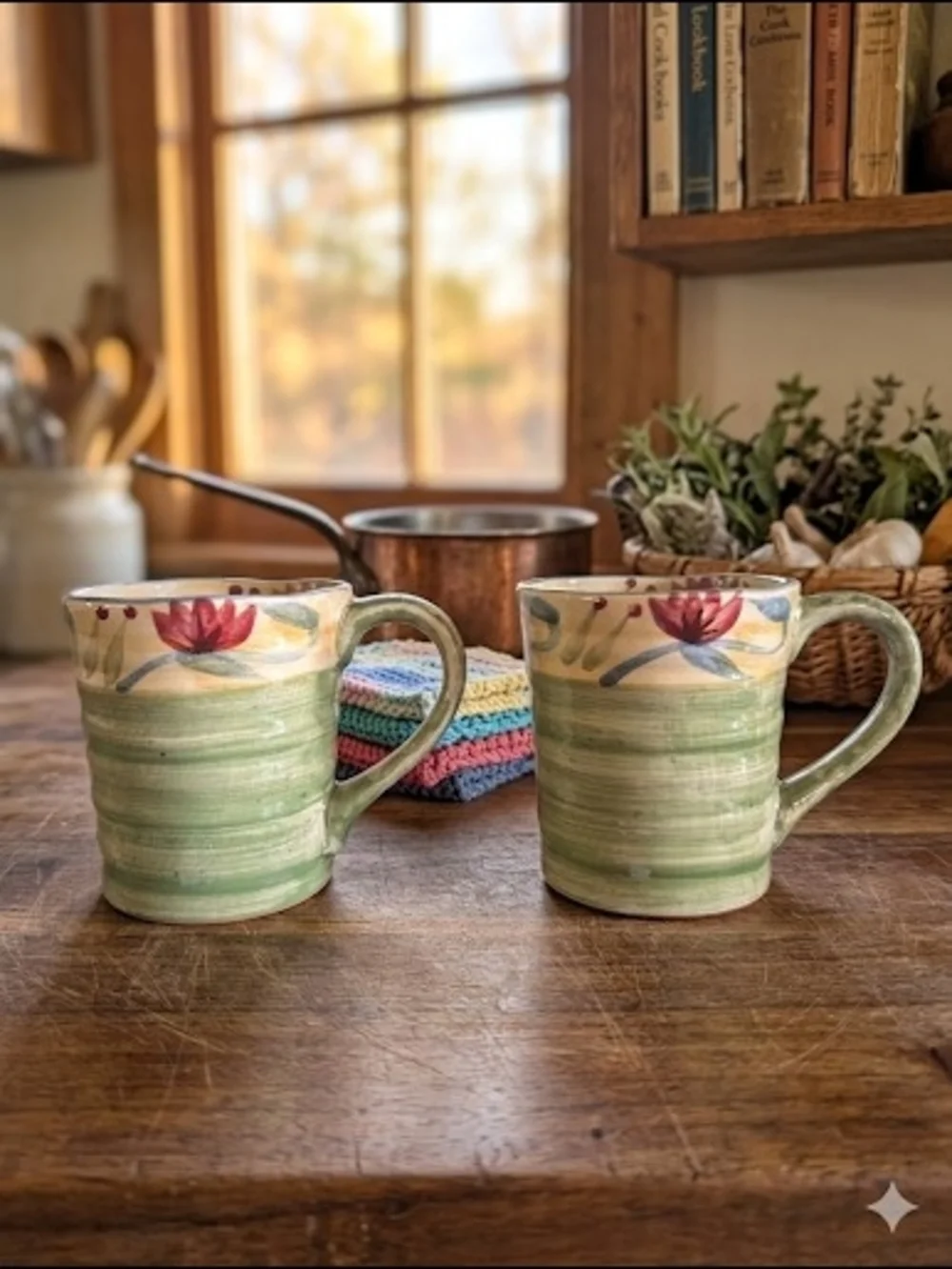 Pier 1 Elizabeth Floral Stoneware Mugs Set of 2 Hand Painted
